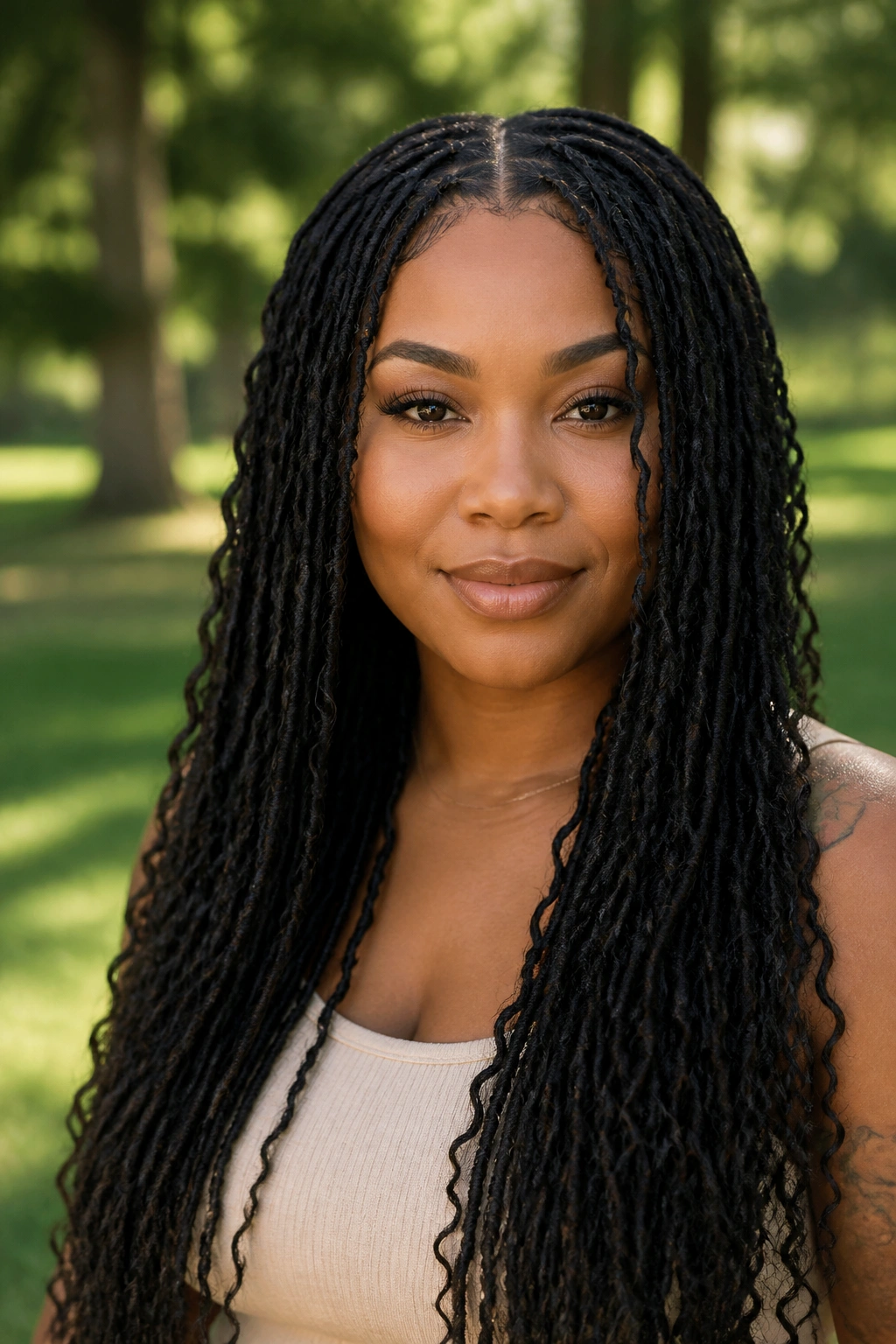 Close-up of a person with long goddess locs and a center part