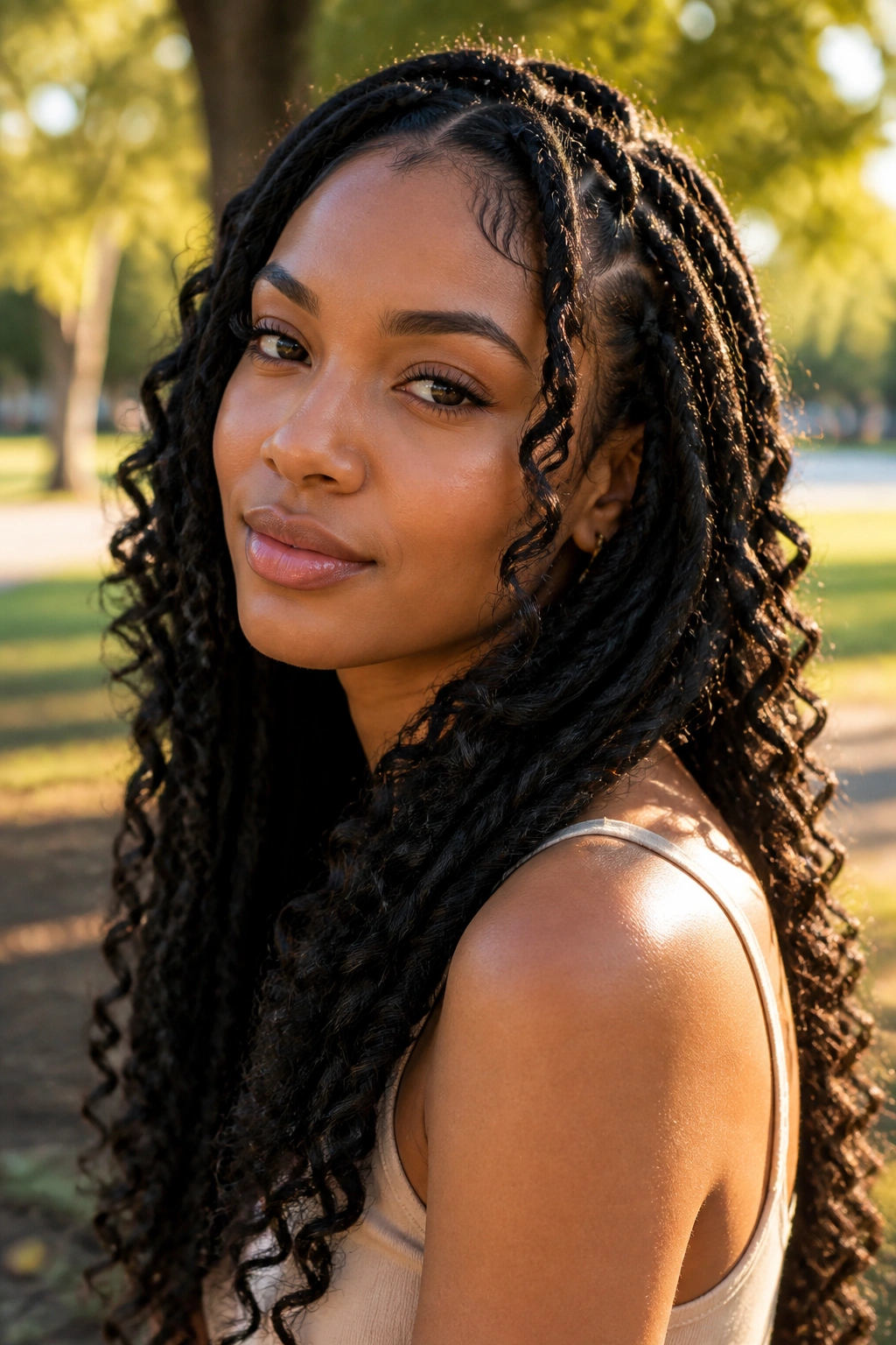 Portrait of a woman with goddess locs and soft curls in a park at golden hour.