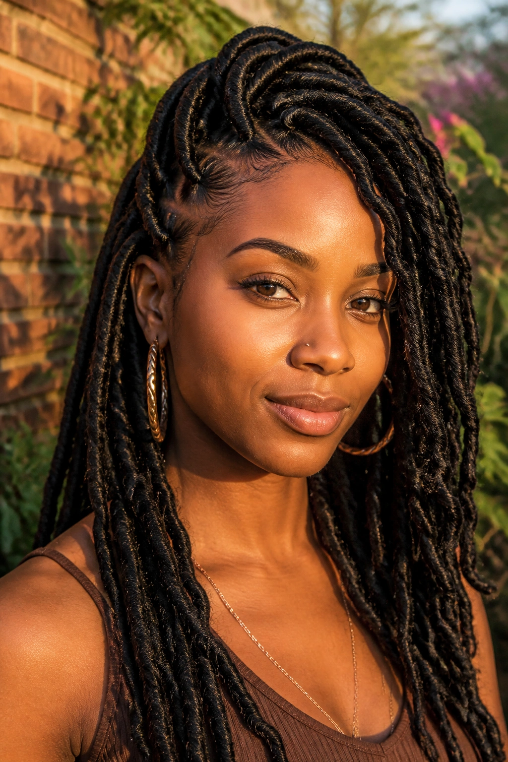 Close-up of a real woman with goddess locs and side swept front pieces