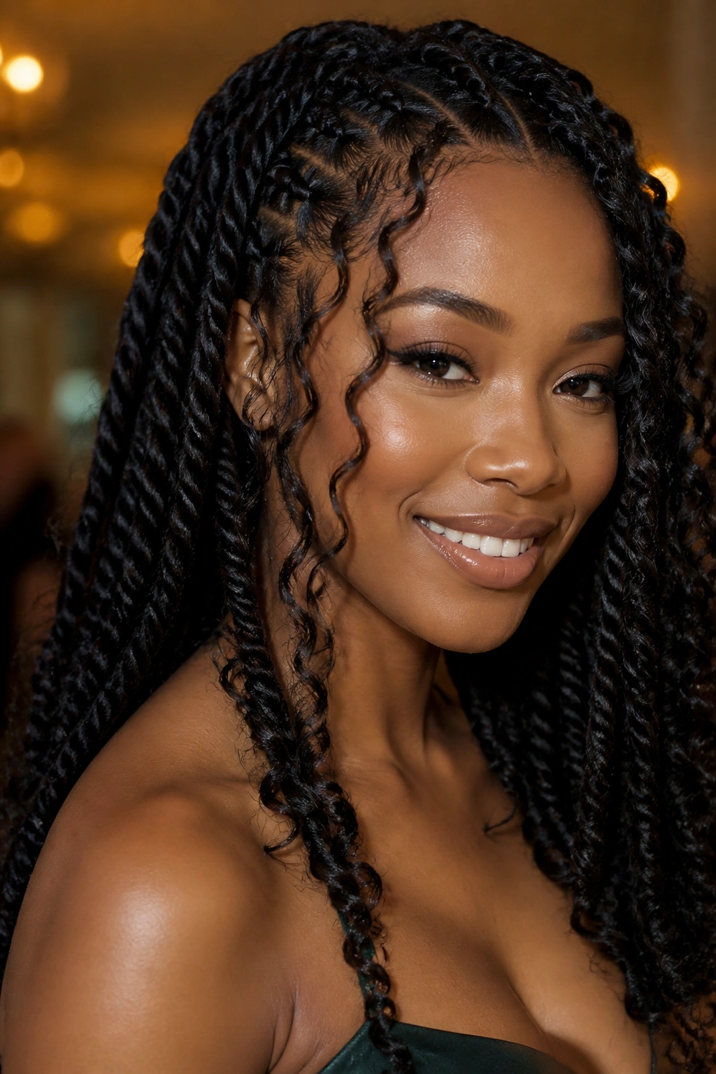 Real woman with goddess twists and decorative loose pieces around the face.