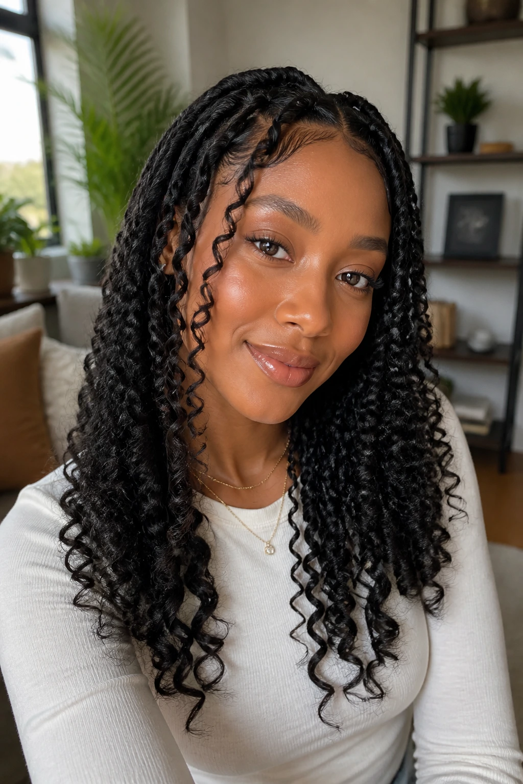 Close-up portrait of a real woman with goddess twists and loose curls