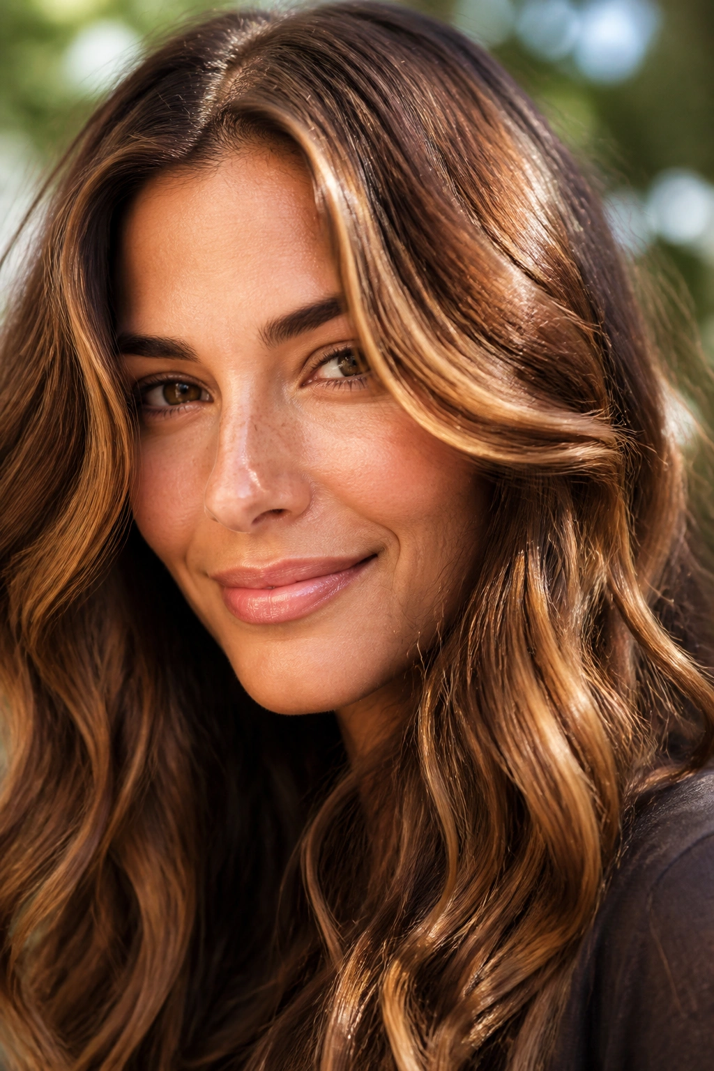 Brown hair with golden-amber strokes near face