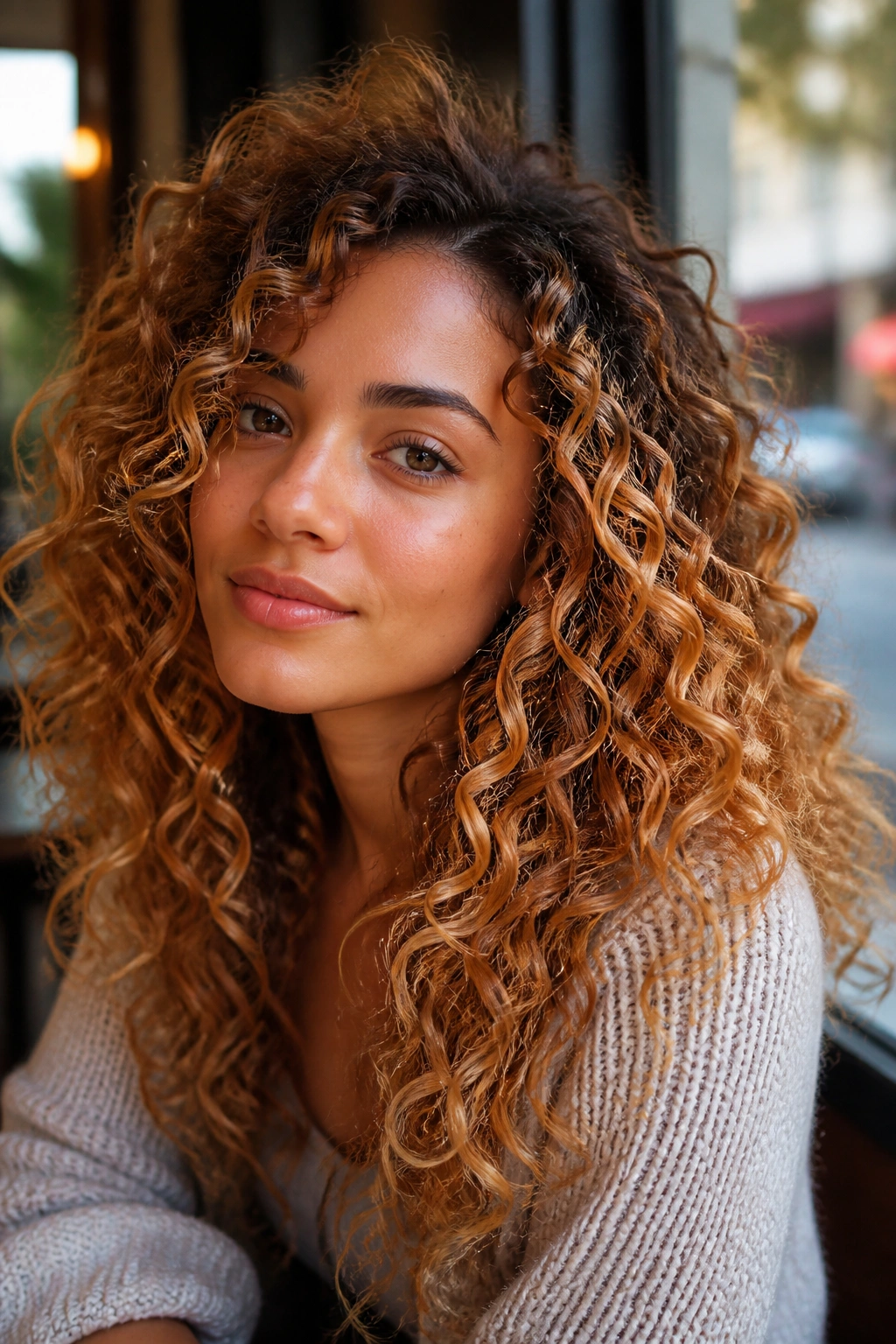 Curly hair with golden apricot balayage close-up on a real person
