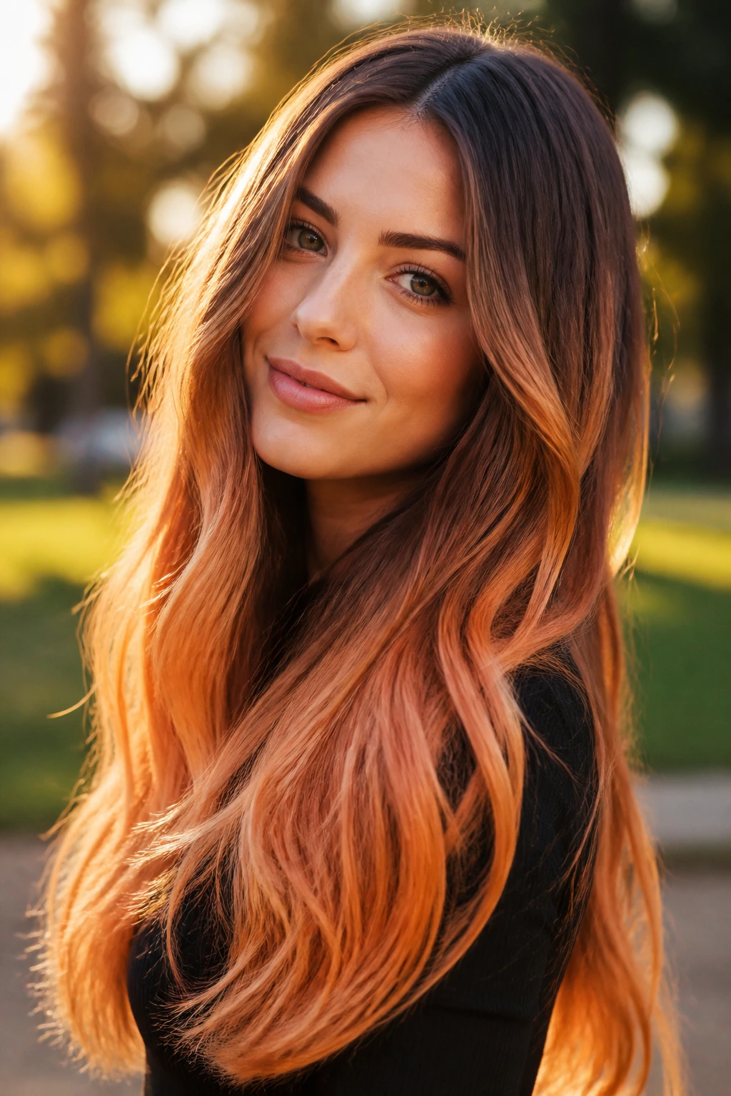 Real person with golden apricot ombre on long hair catching warm sunlight outdoors