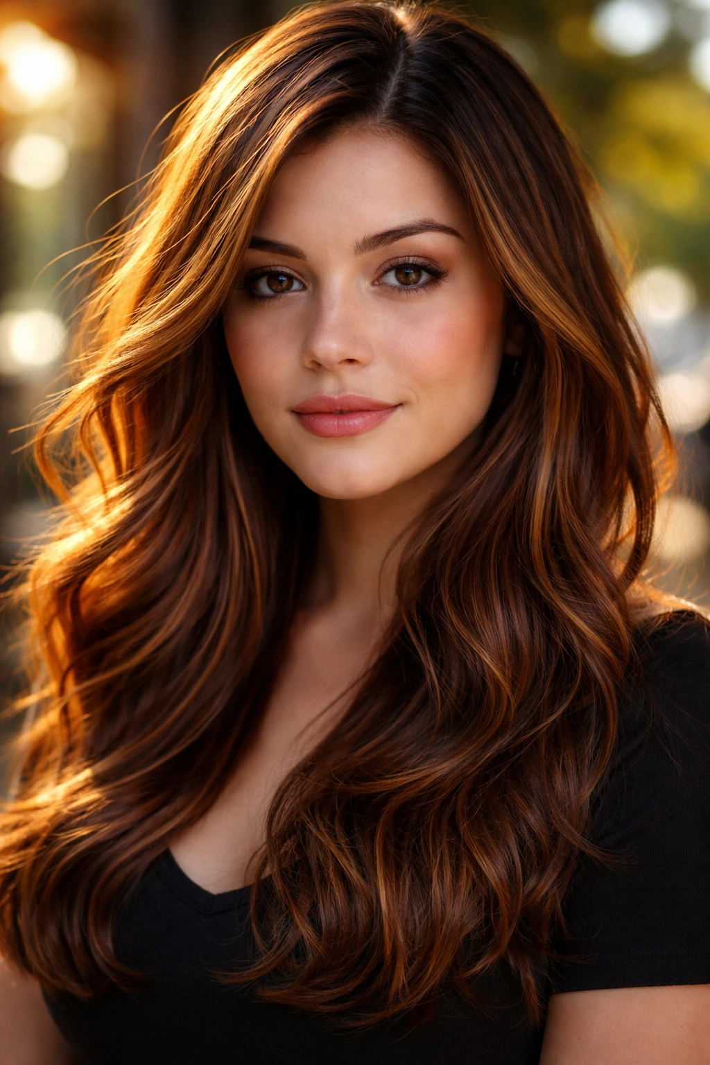 Close-up portrait of a real person with golden auburn babylights catching sunlight