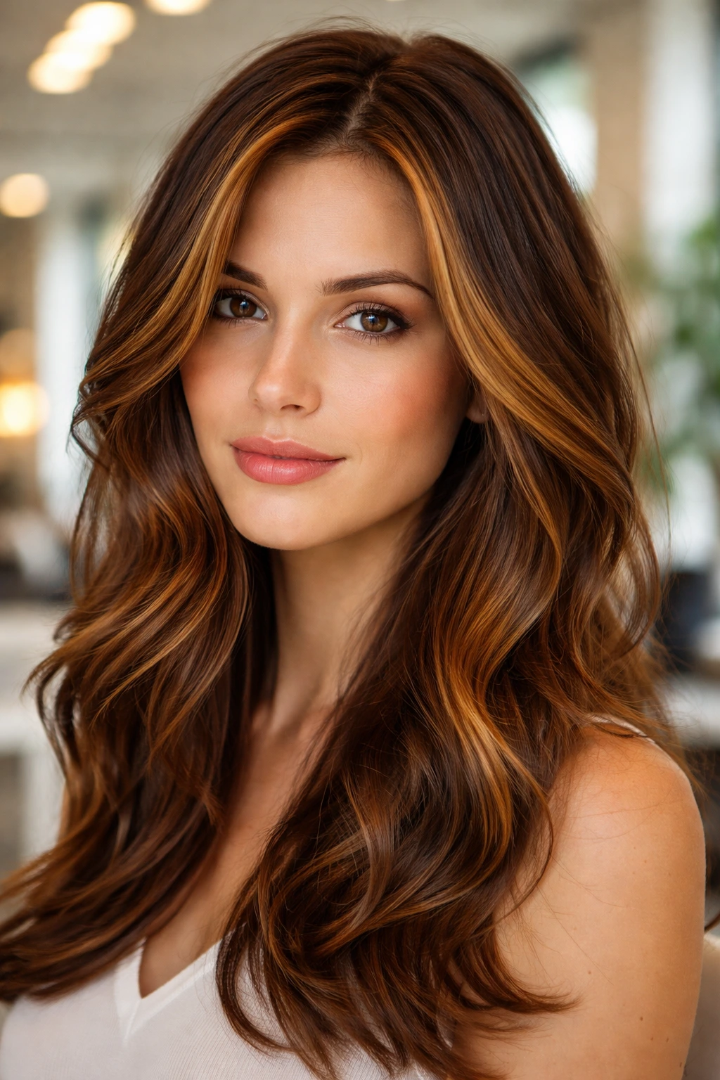 Close-up of a real woman's head showing golden auburn highlights on medium brown hair