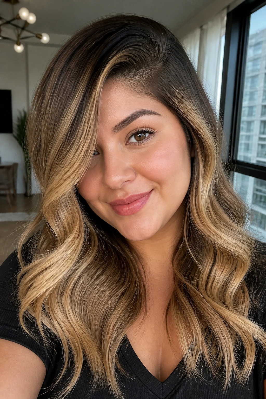 Close-up of real person with deep side part and golden balayage.