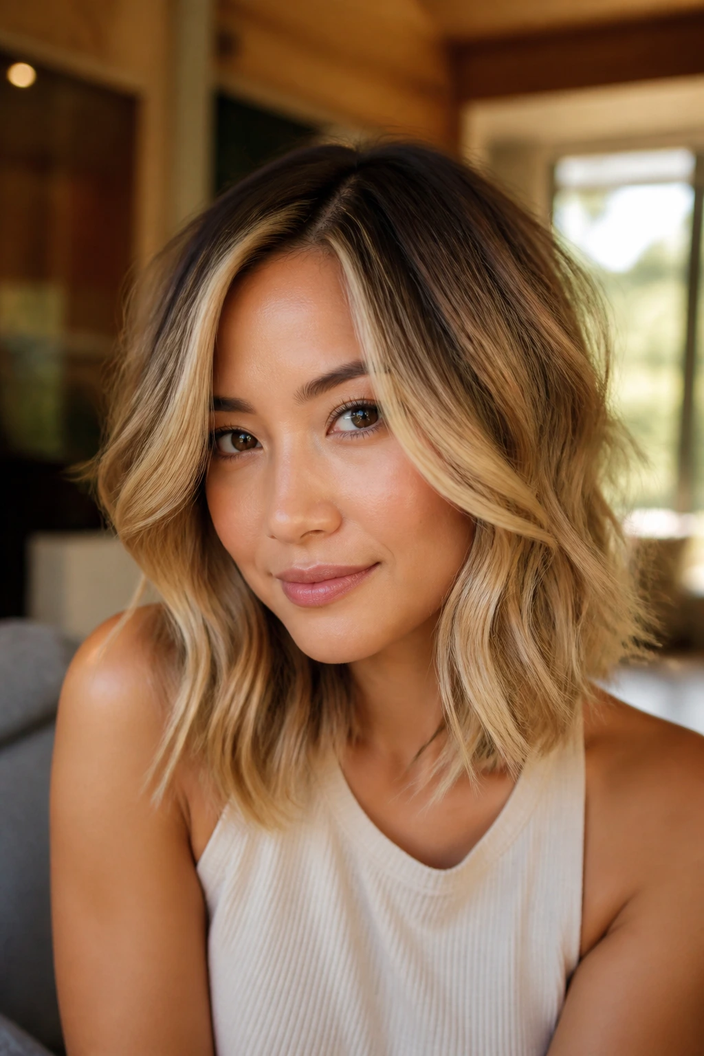 Portrait of a woman with golden ribbon balayage on a medium-length lob, waves catching light