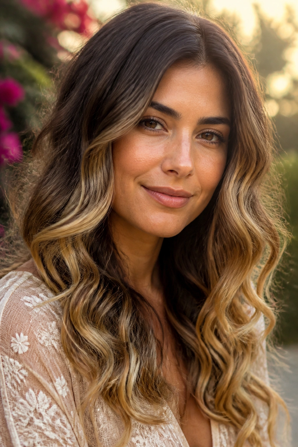 Close-up portrait of a woman with golden balayage on loose curls