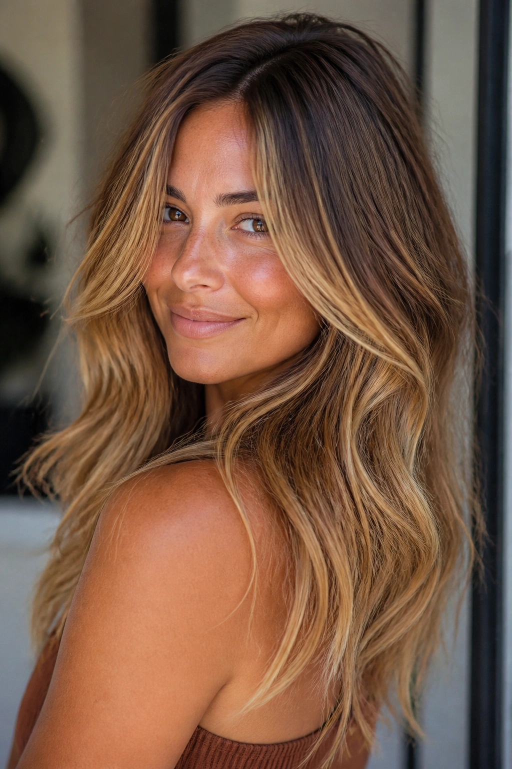 Close-up of warm brown hair with golden balayage on a real woman in natural light.