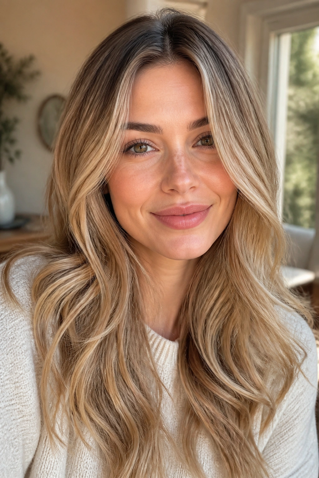 Close-up of a real person with golden beige blonde hair in soft waves under warm window light.