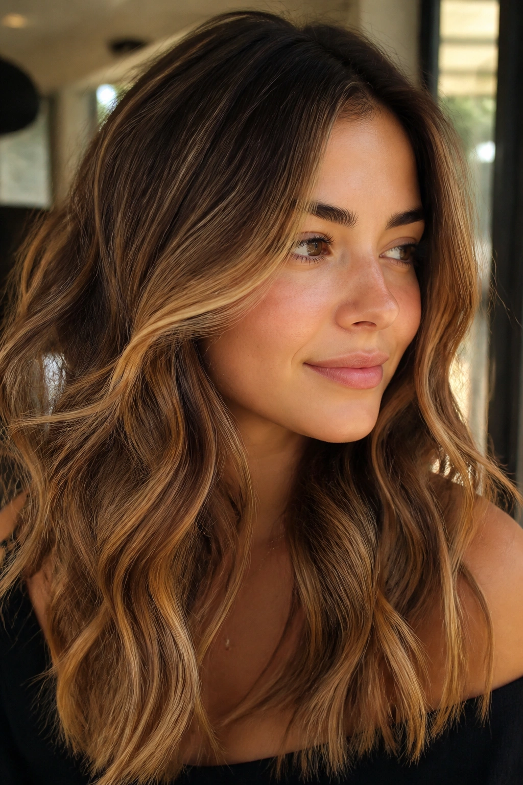 Close-up of chestnut brown hair with golden blond highlights