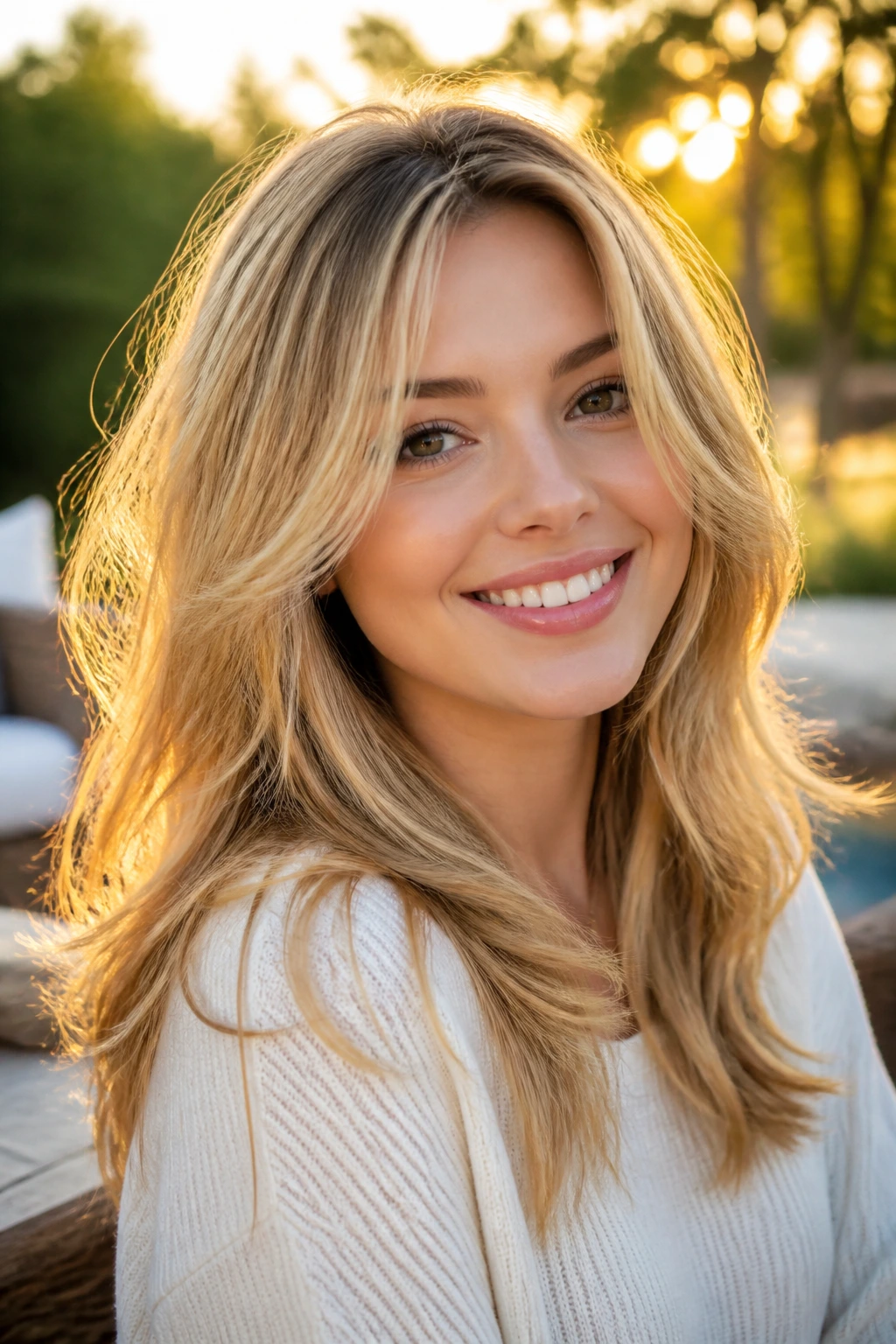 Portrait of a real woman with golden blonde hair and airy layers