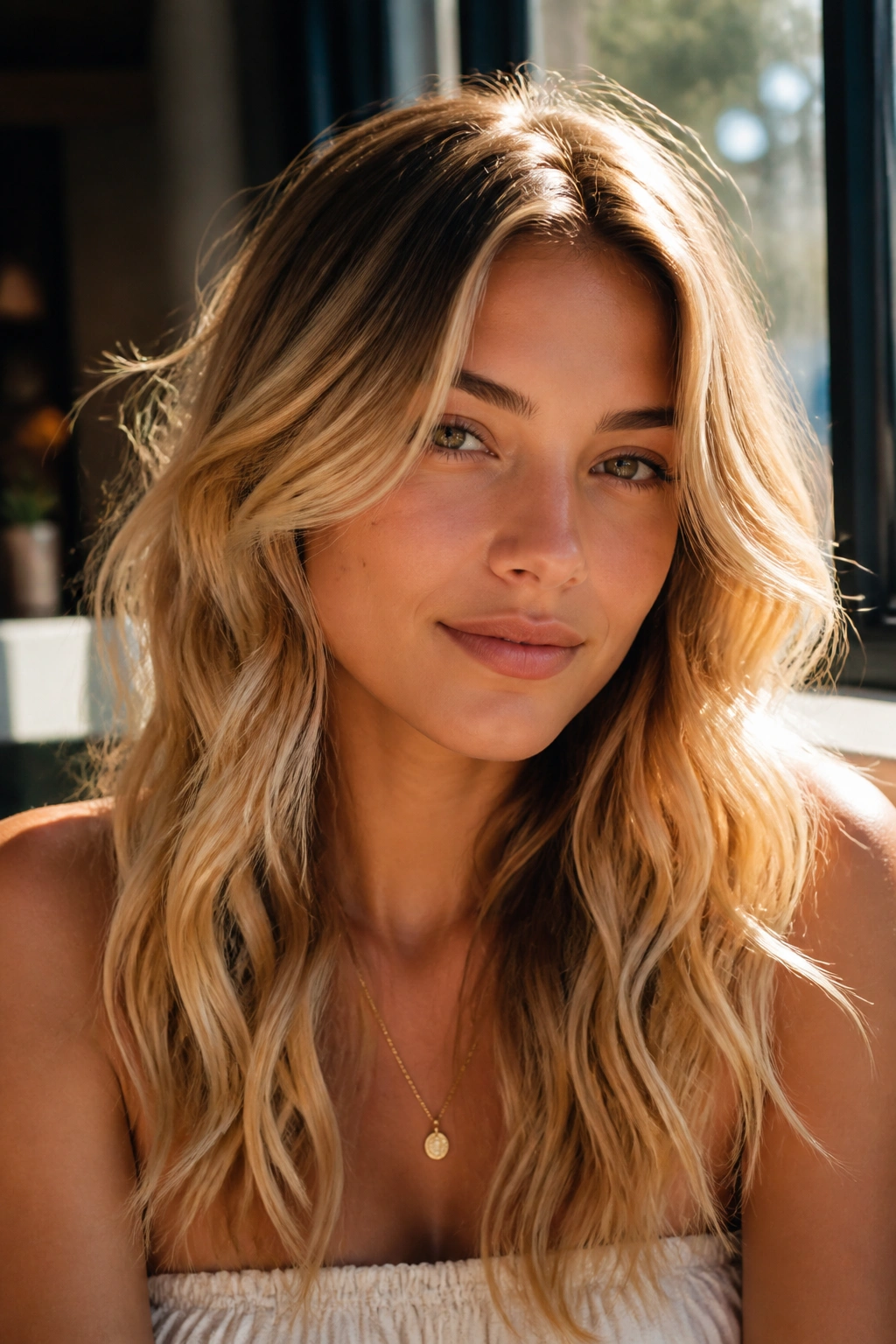 Close-up of a real woman with golden blonde balayage in sunlit waves
