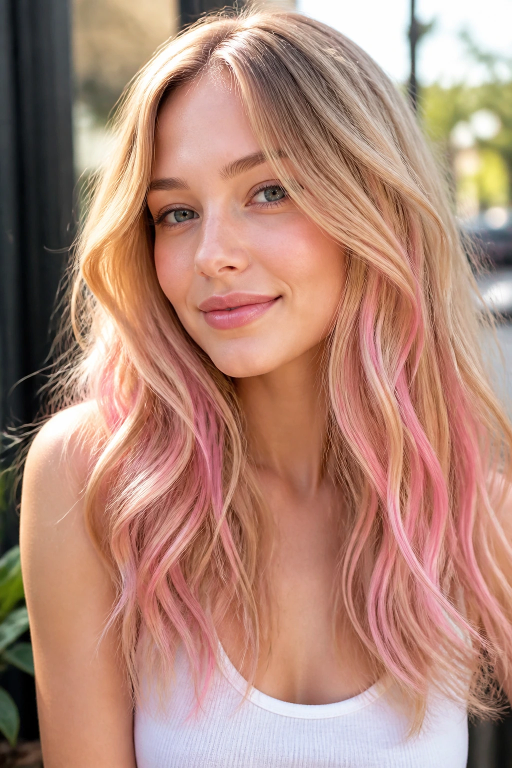 Portrait of a woman with golden blonde hair and ballet pink ribbon highlights in natural light