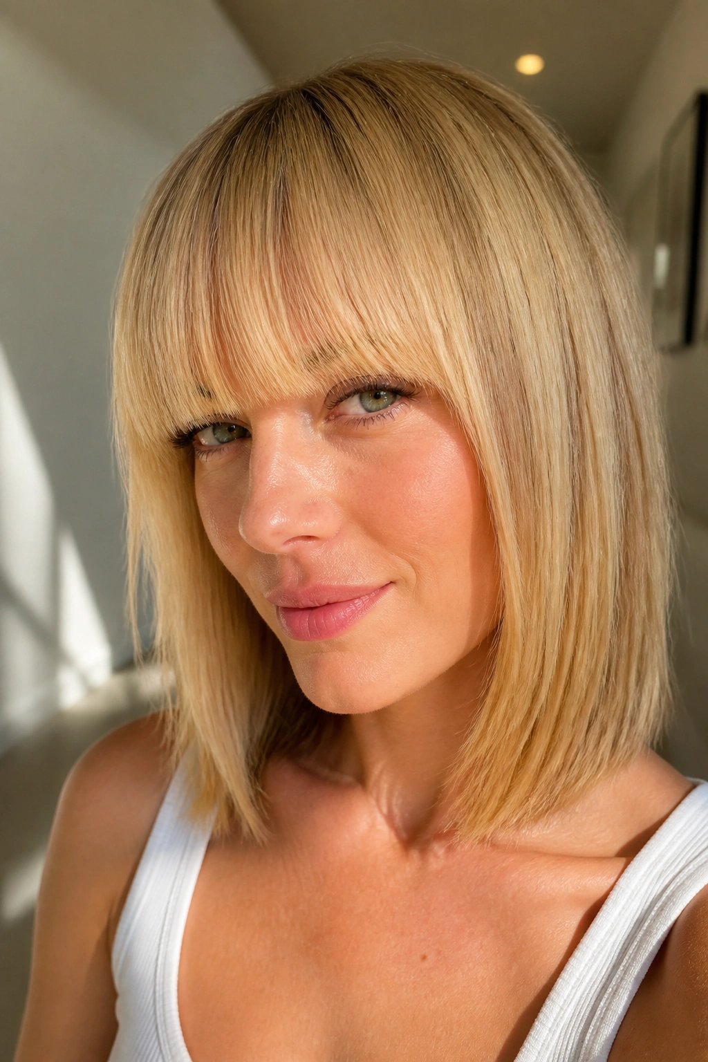 Close-up of a real woman with golden-blonde blunt bangs and a collarbone-length lob
