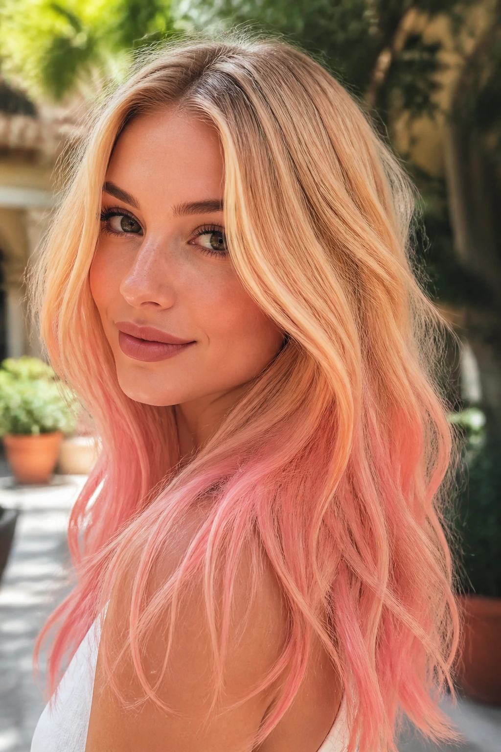 Close-up portrait of golden blonde hair fading to coral pink ends