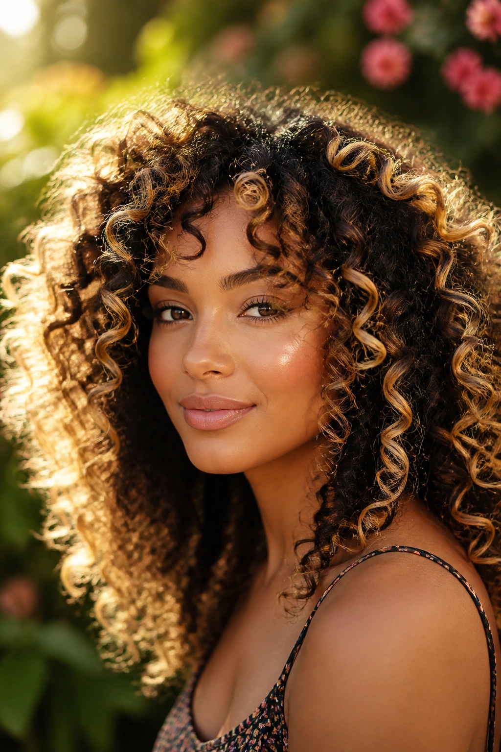 Close-up of a real person with curls highlighted in golden blonde.