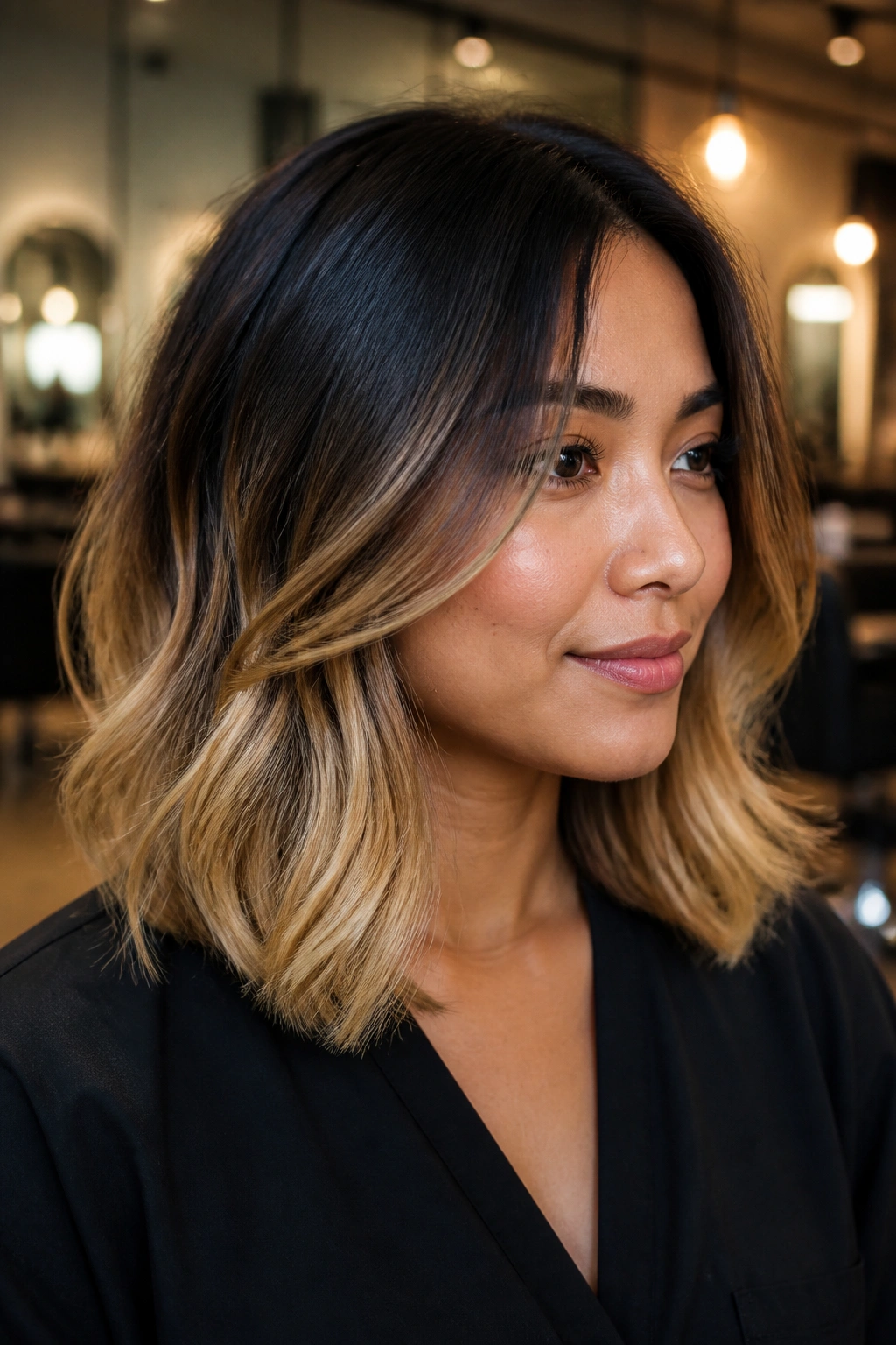Portrait of a real woman with a layered lob and golden blonde ends on black hair.