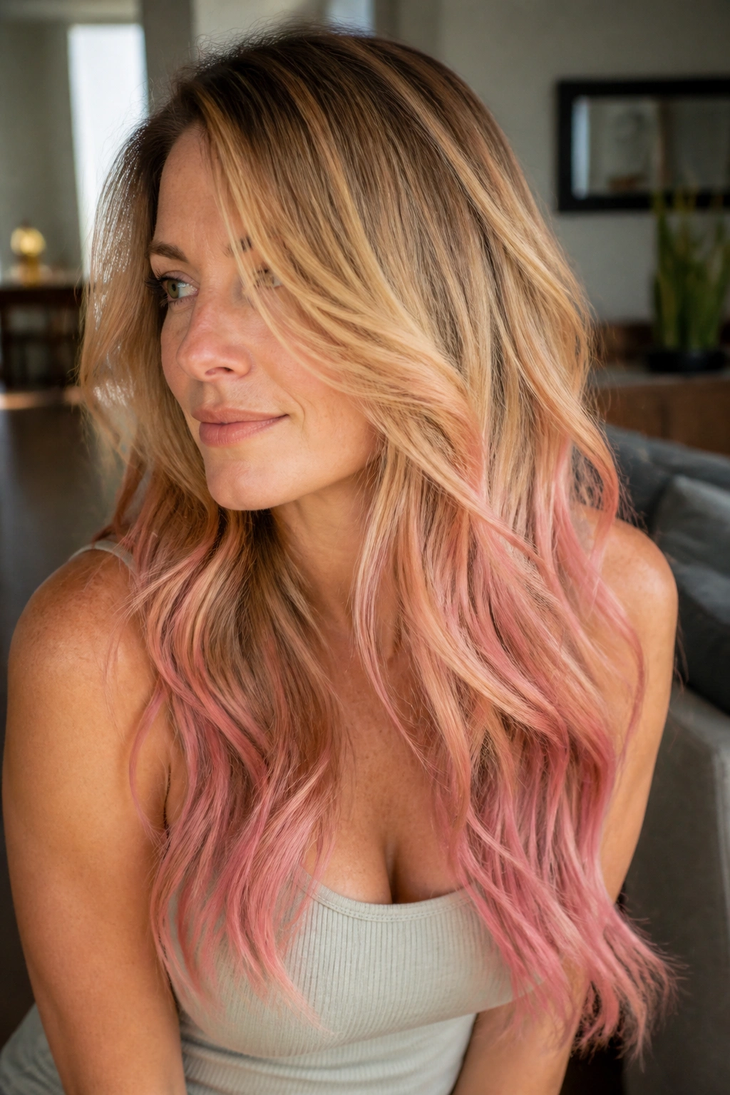 Portrait of hair with golden blonde and pink ends