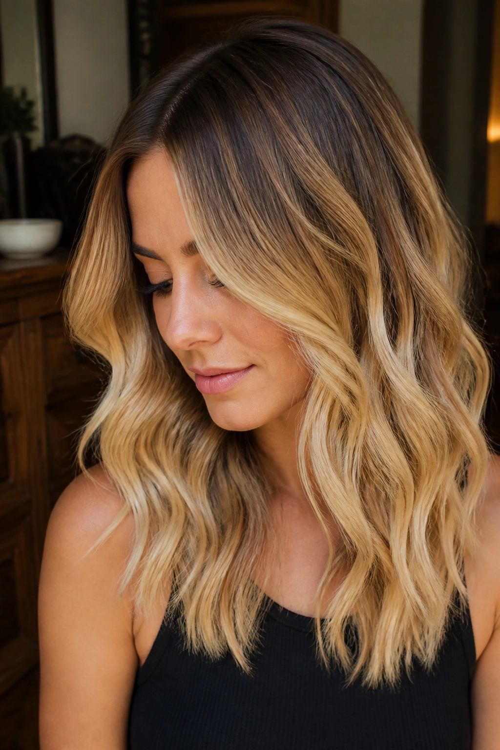 Portrait of hair with golden blonde ends and soft shadow root
