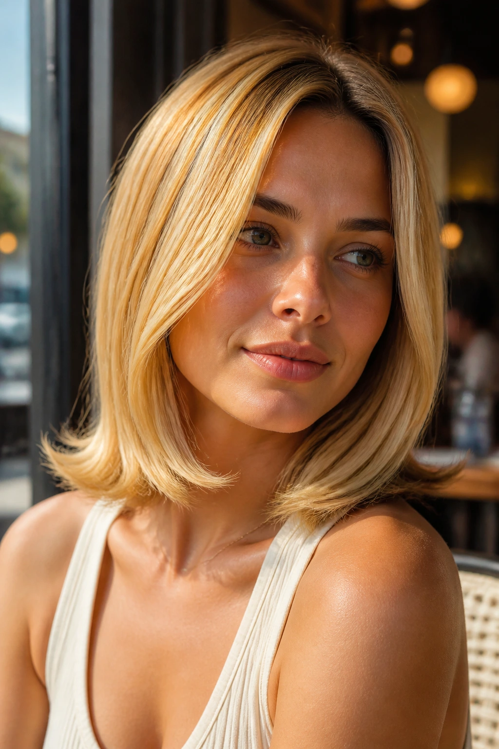 Portrait of real woman with golden blonde flip-out lob and outward-turning ends.