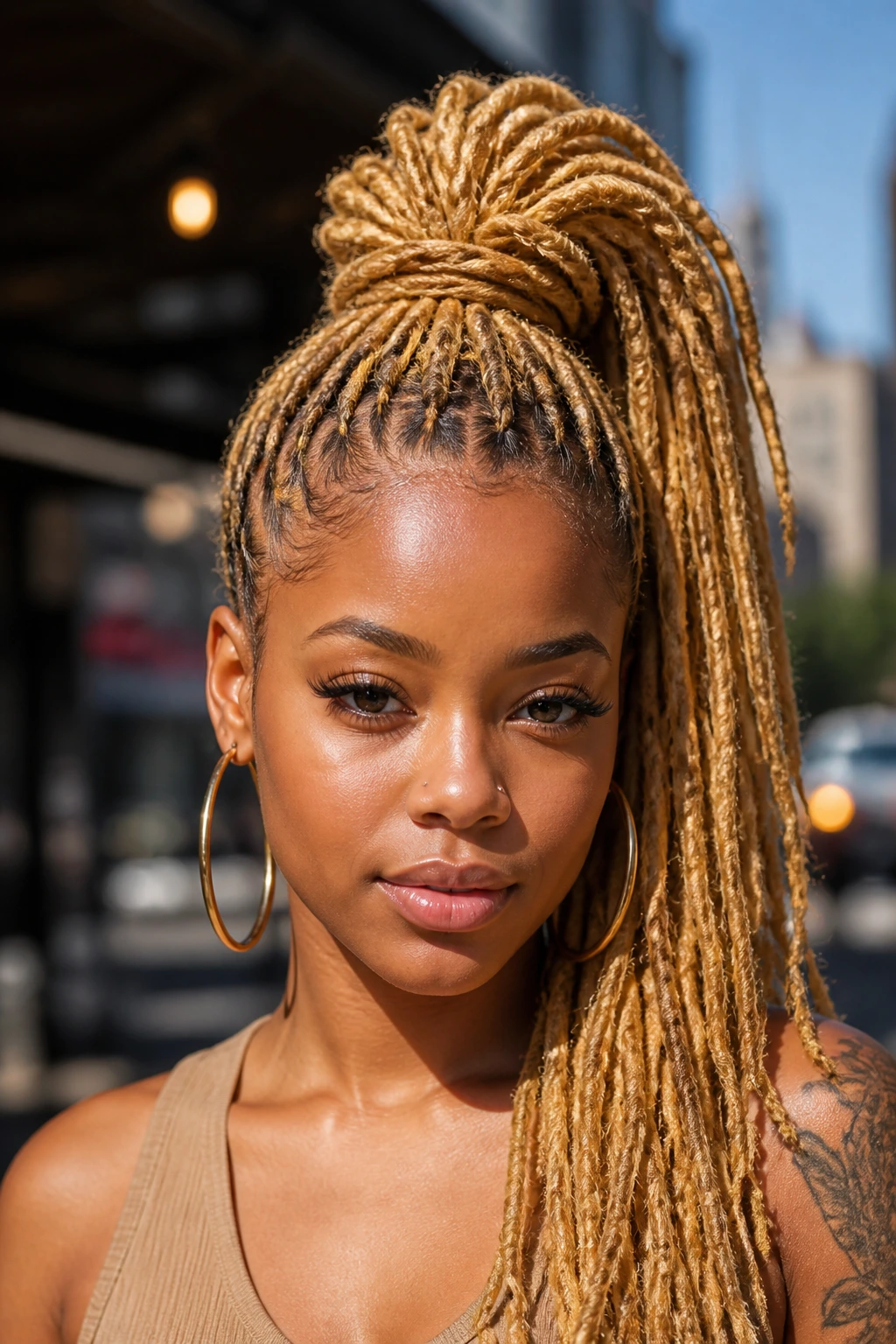 Close-up portrait of a woman with Golden Blonde High Ponytail Locs.