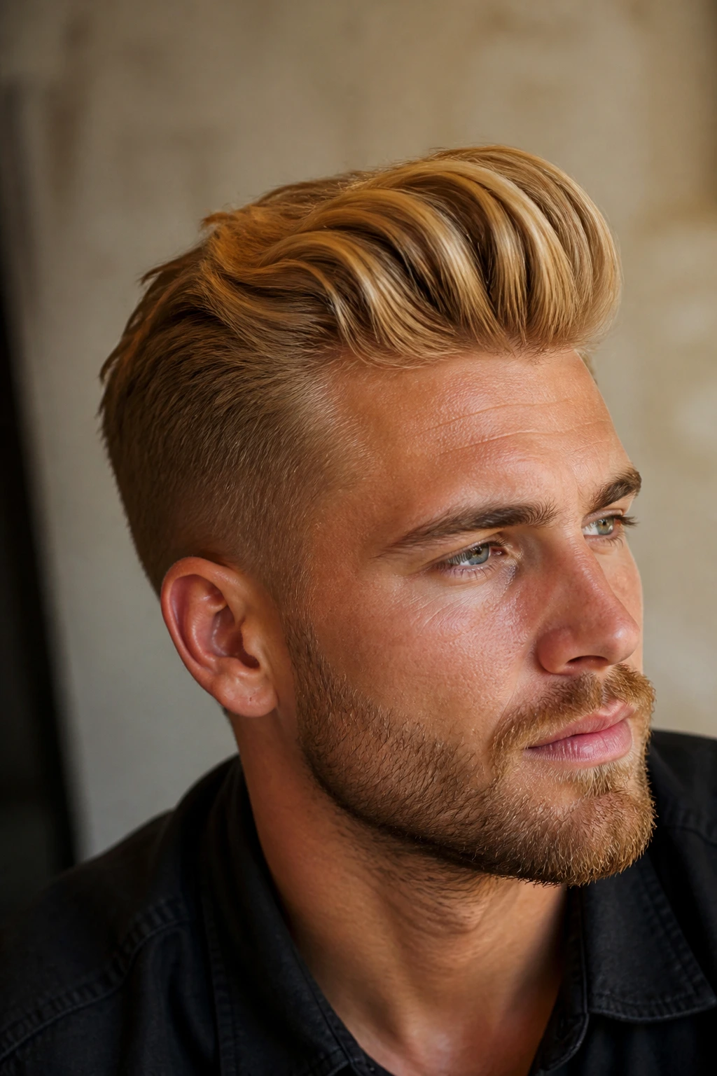 Portrait of a man with a warm golden blonde pompadour under indoor light