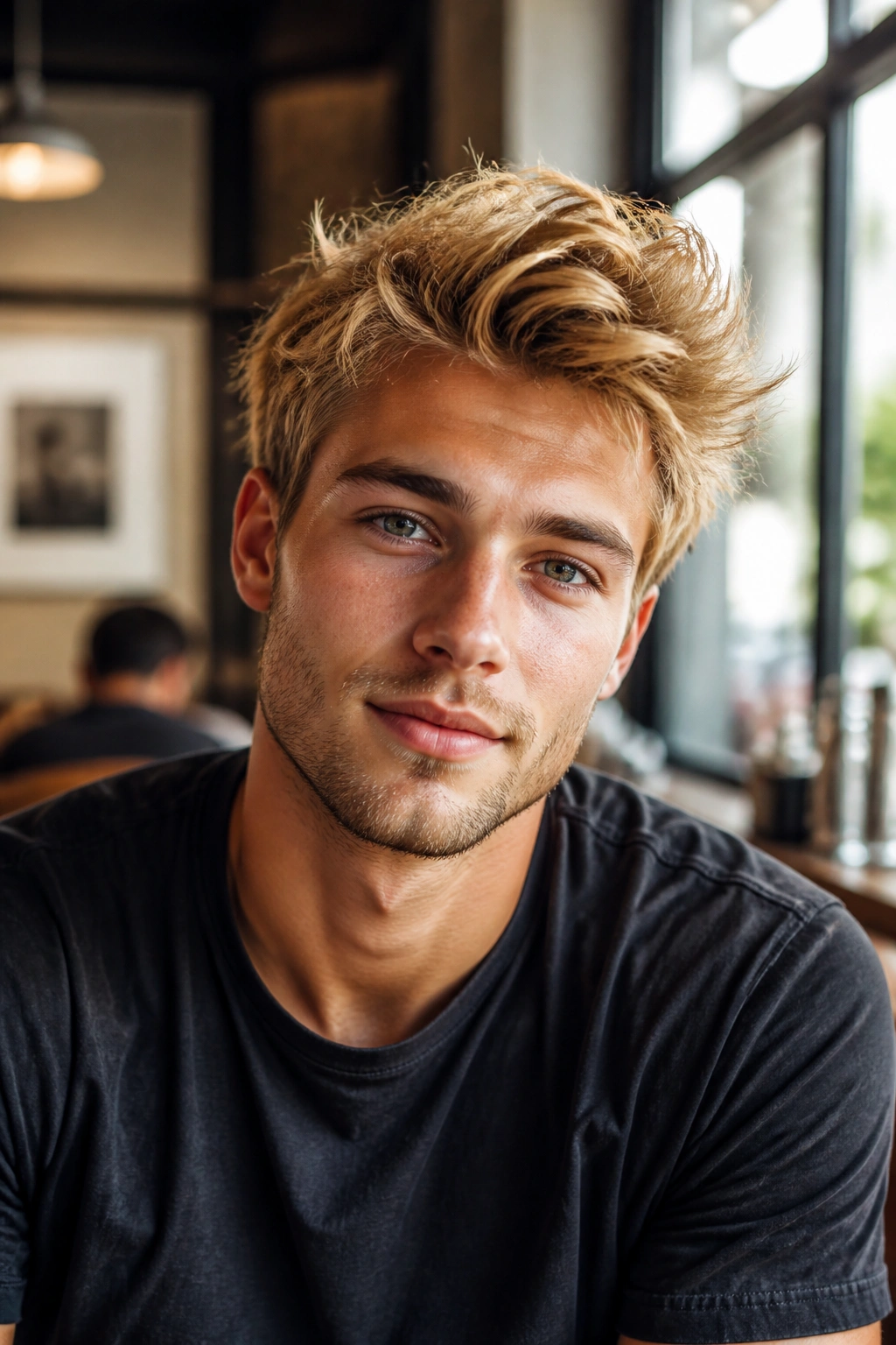 Close-up portrait of a man with golden blonde hair in a sunlit cafe setting