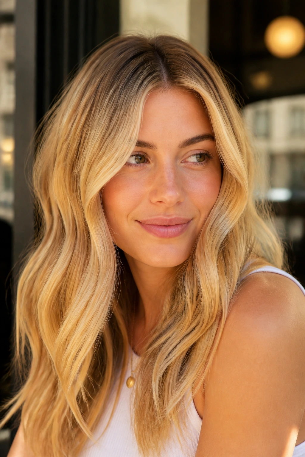 Close-up portrait of golden blonde with soft shadow root in natural golden hour light
