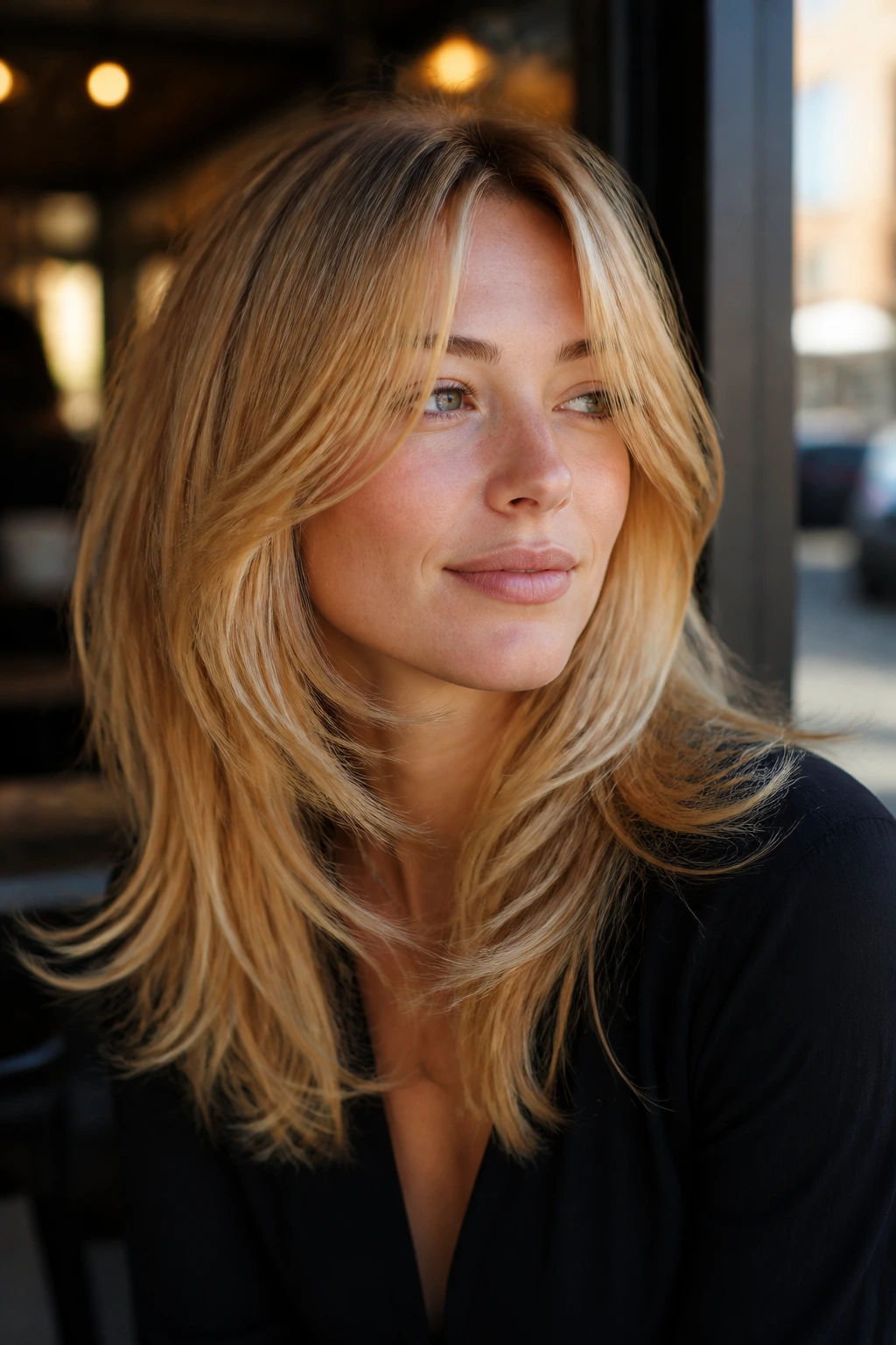 Three-quarter portrait of a real woman with golden blonde shag and flipped ends