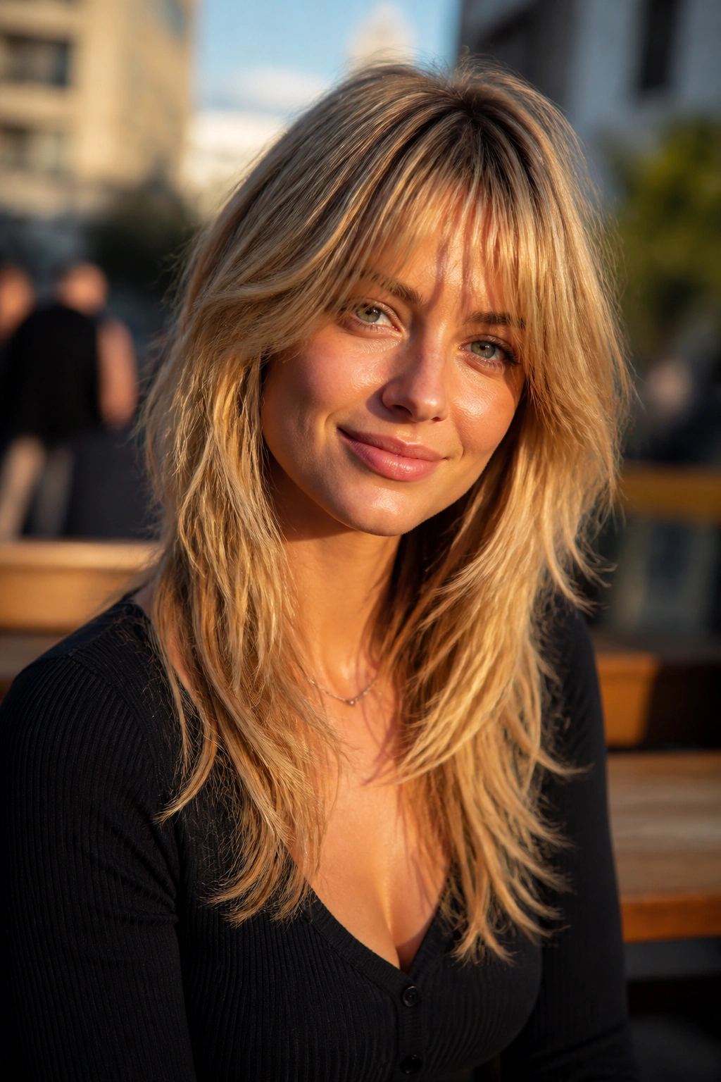 Close-up portrait of a real woman with golden blonde shag featuring long tapered ends and warm, soft layers