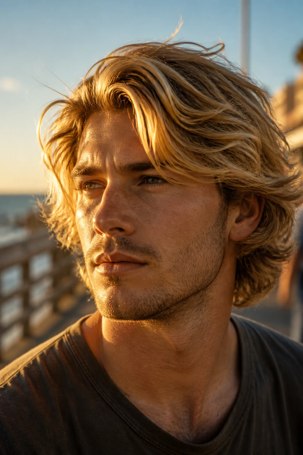 Close-up of a man with golden blonde waves on a beach boardwalk