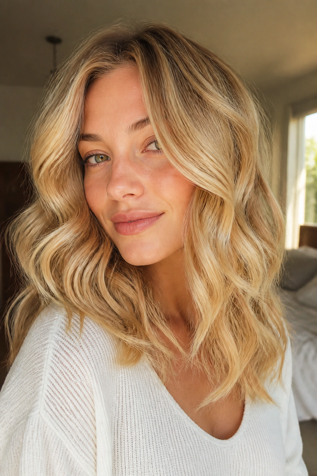 Close-up portrait of a real woman with golden blonde loose waves framing her face in warm window light