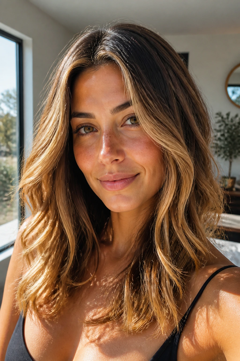 Close-up of real woman with golden bronde highlights on brown hair