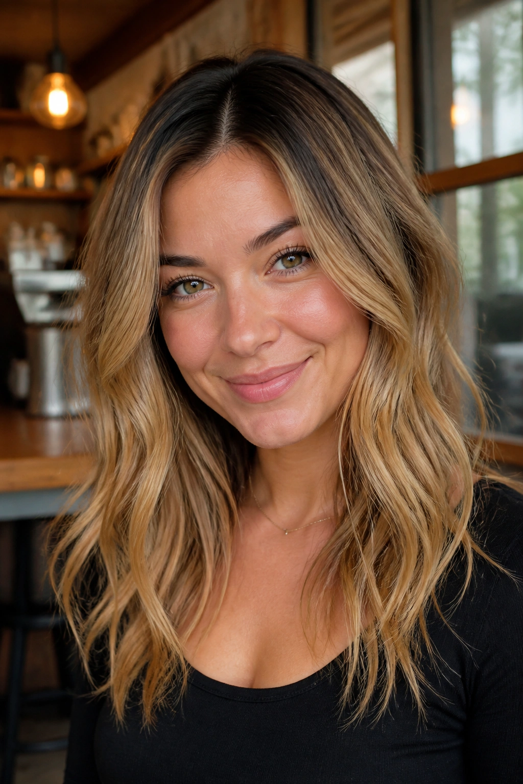 Close-up of a real woman with golden bronde and dark root stretch in a cafe setting