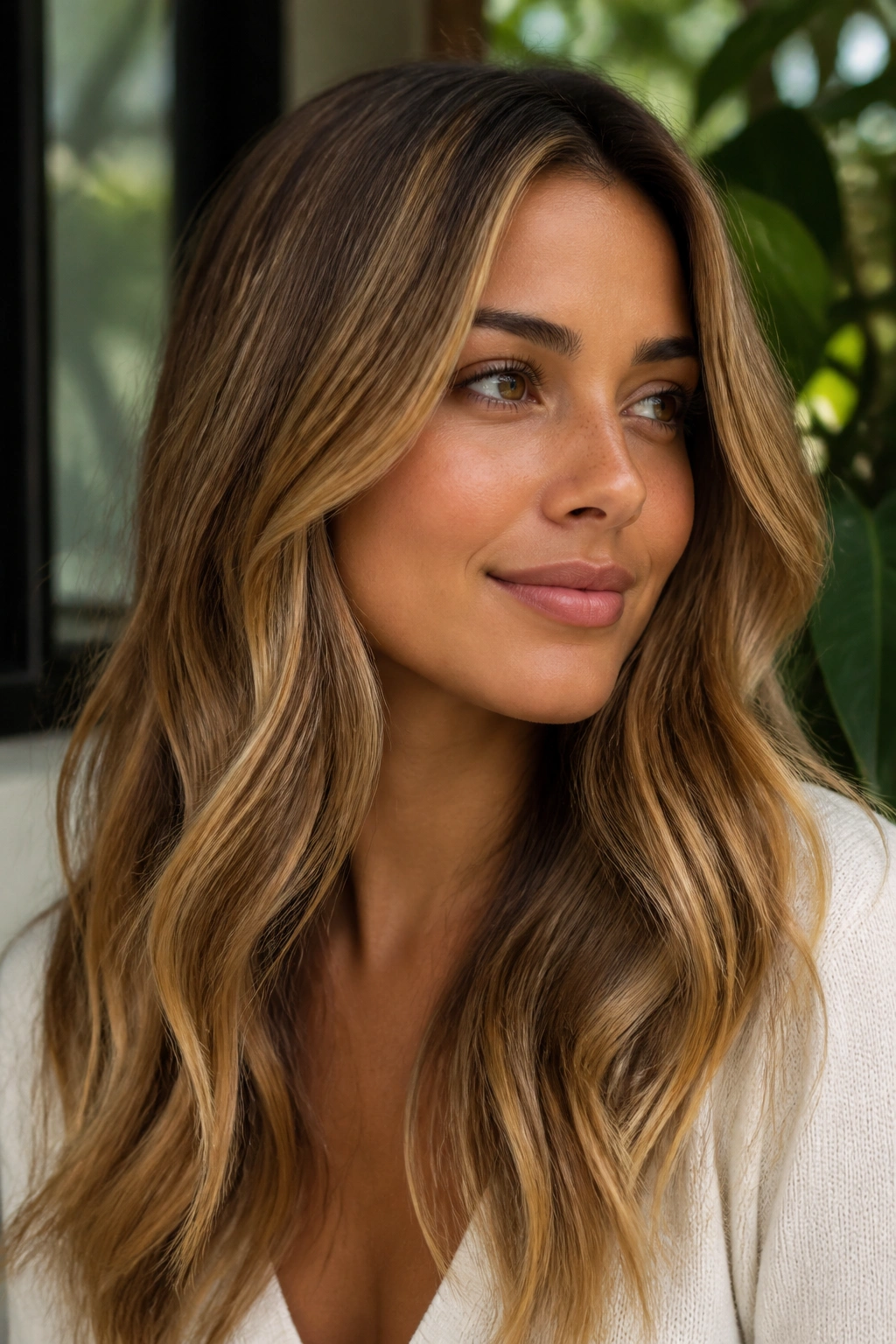 Close-up of golden bronde hair on olive skin in natural window light.