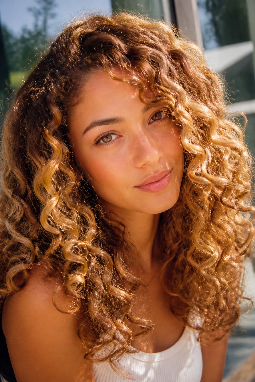 Real person with golden bronze hair color, sunlit highlights.