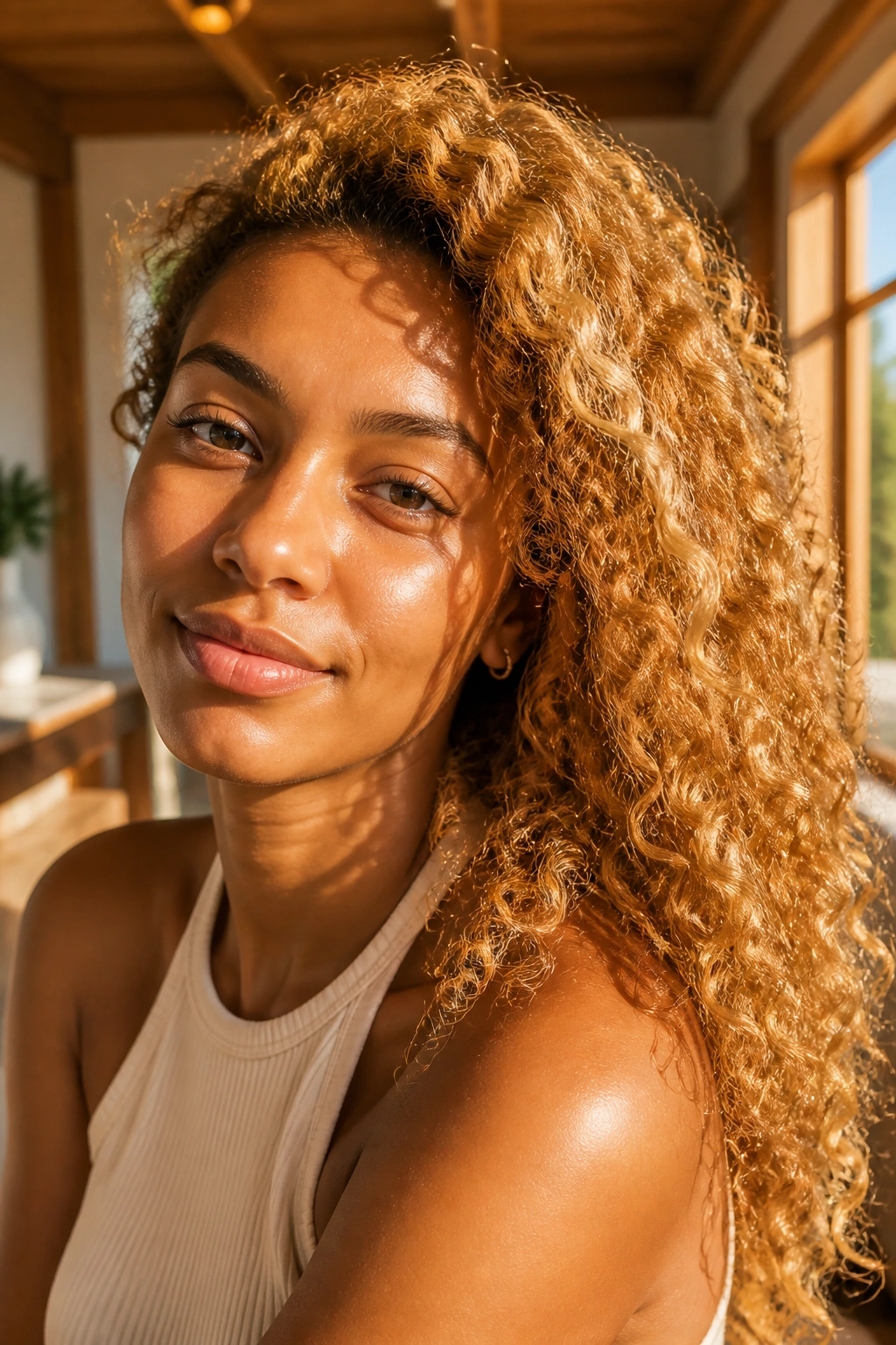 Close-up portrait of a real person with golden bronze hair color and sunlit curls