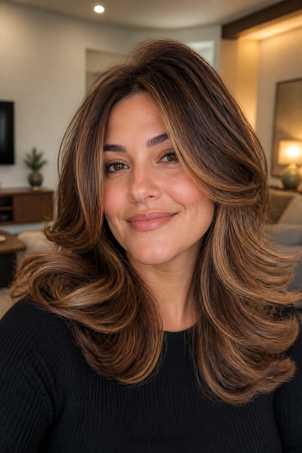 Close-up of a real woman with golden brown balayage and a bouncy blowout