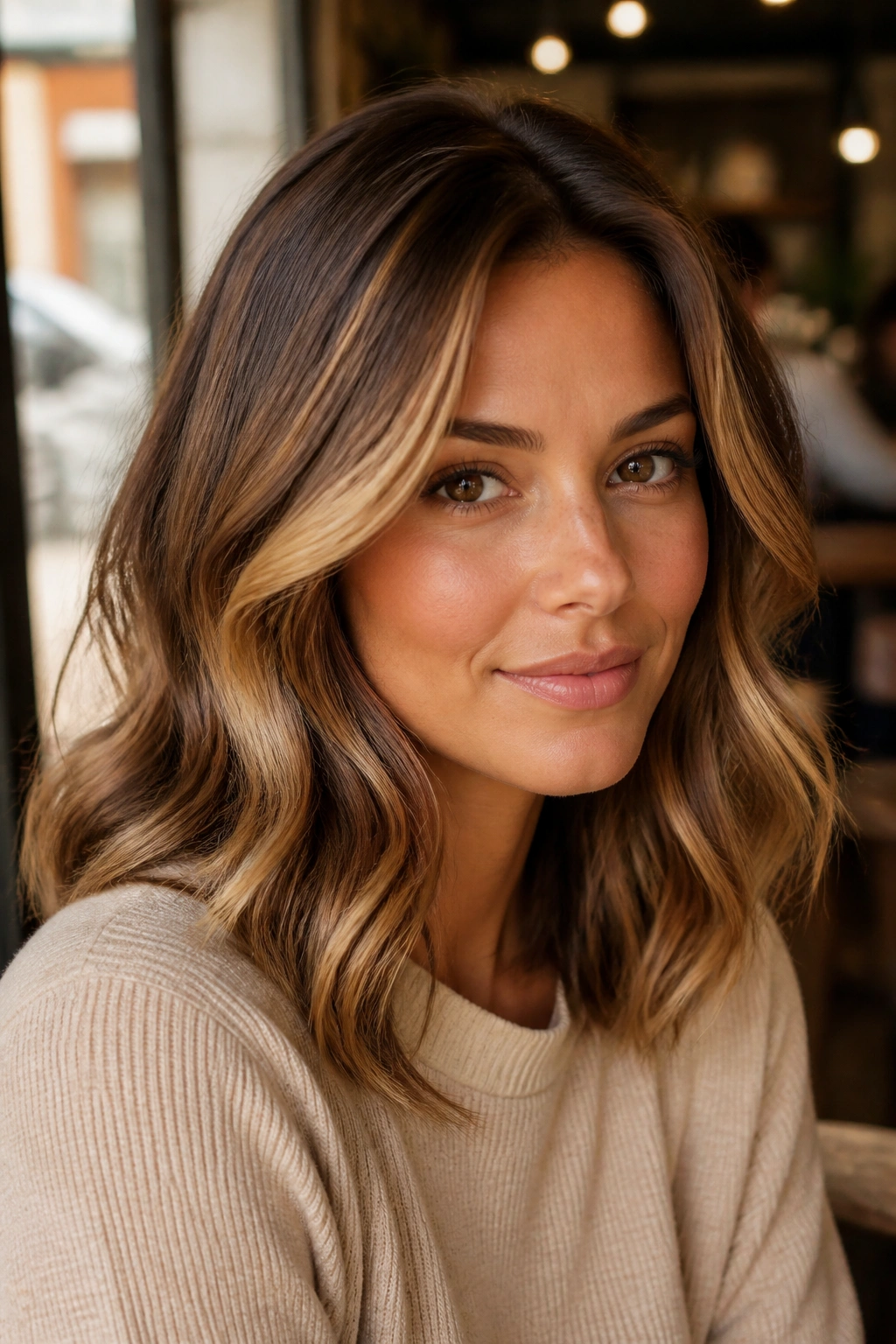 Portrait of a woman with golden brown balayage highlighting the face.