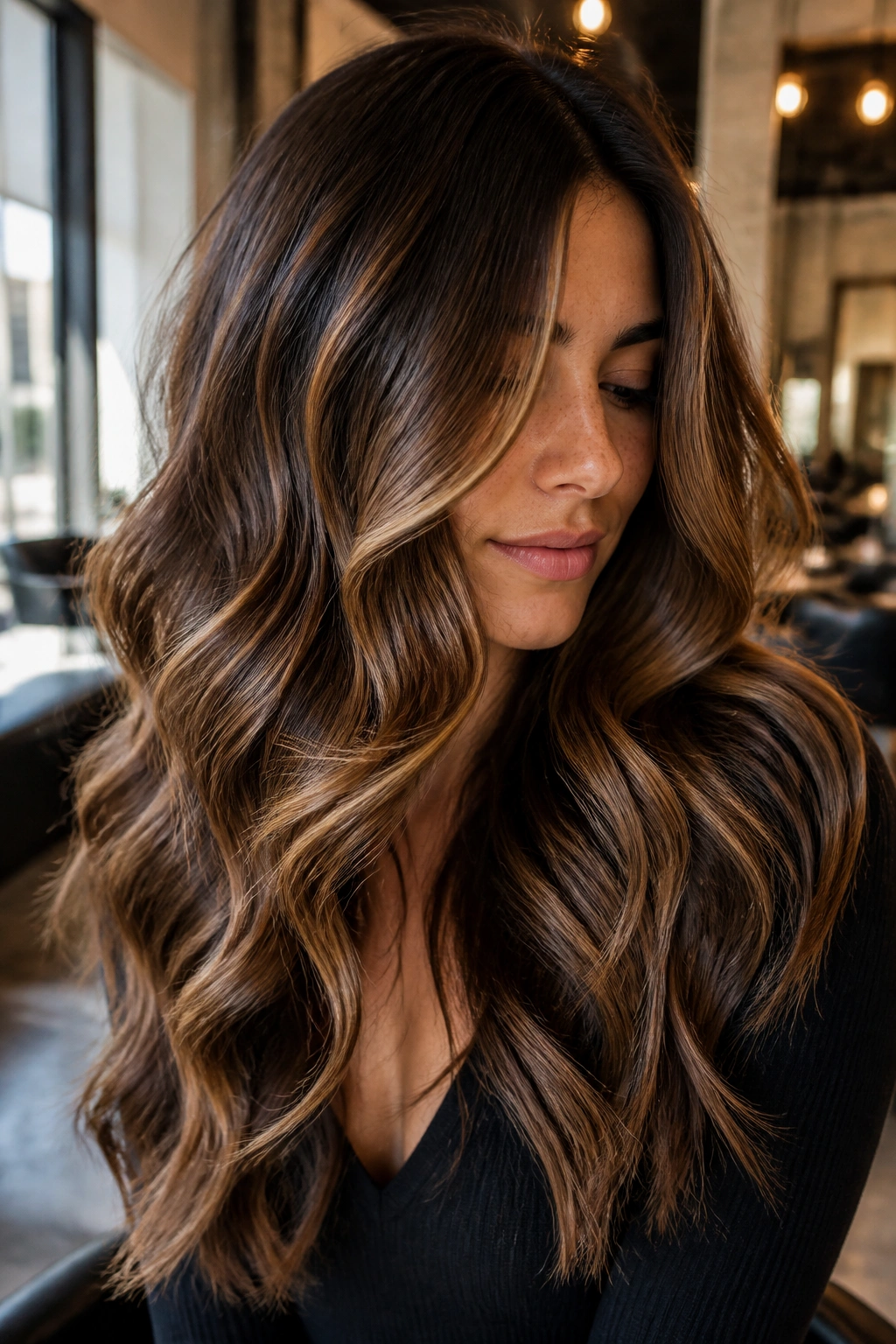Portrait of a woman with thick hair and golden brown balayage ribbons