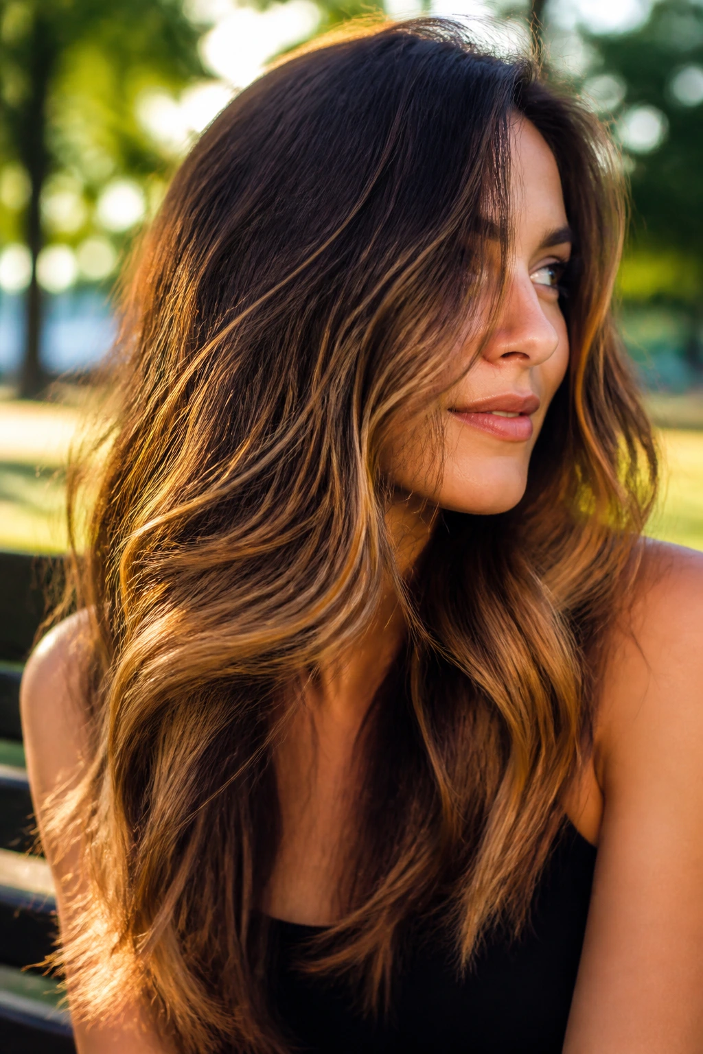 Portrait of brunette hair with golden brown lowlights catching late afternoon sun.