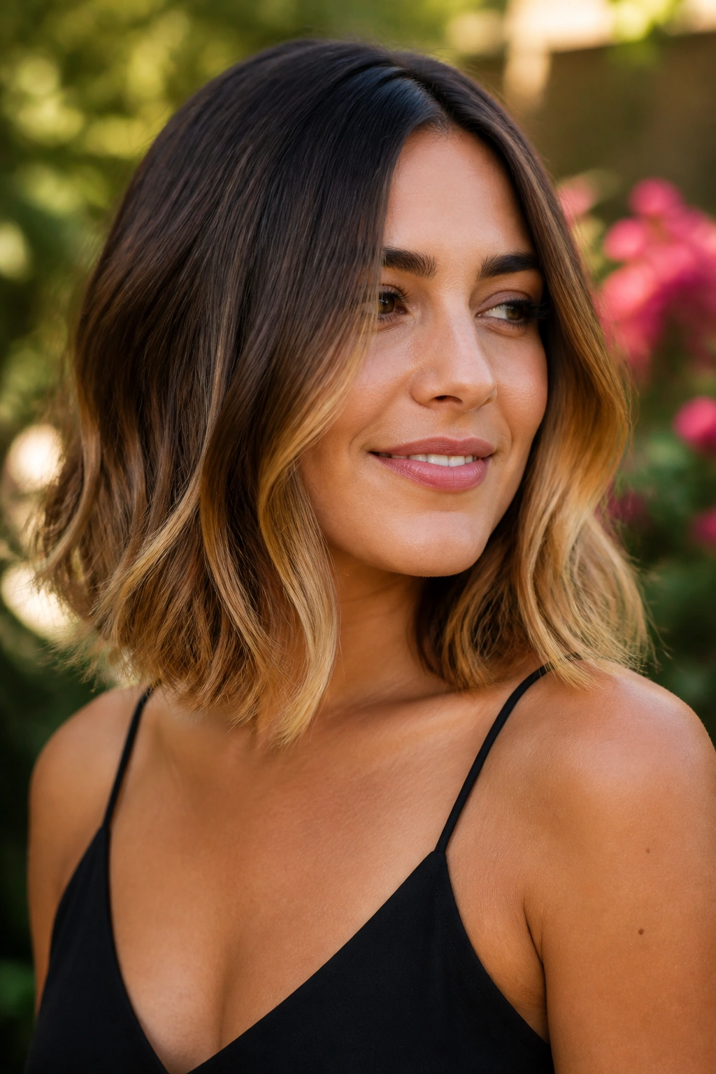 Portrait of a real woman with golden brown ombré on a lob and soft waves.