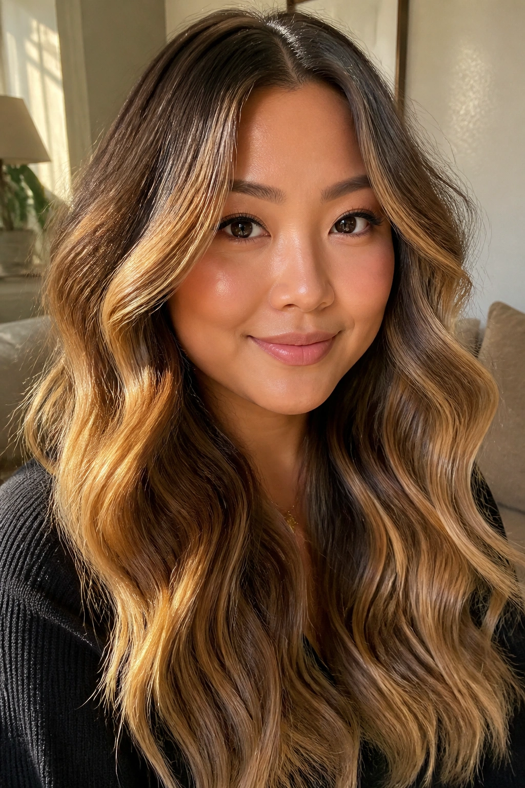 Close-up of a real woman with golden-brown S-Curl waves balayage.