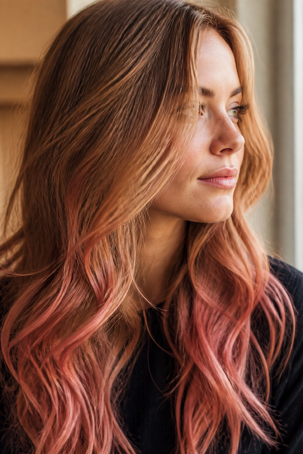 Close-up portrait of a real woman with golden brown hair and salmon pink ends