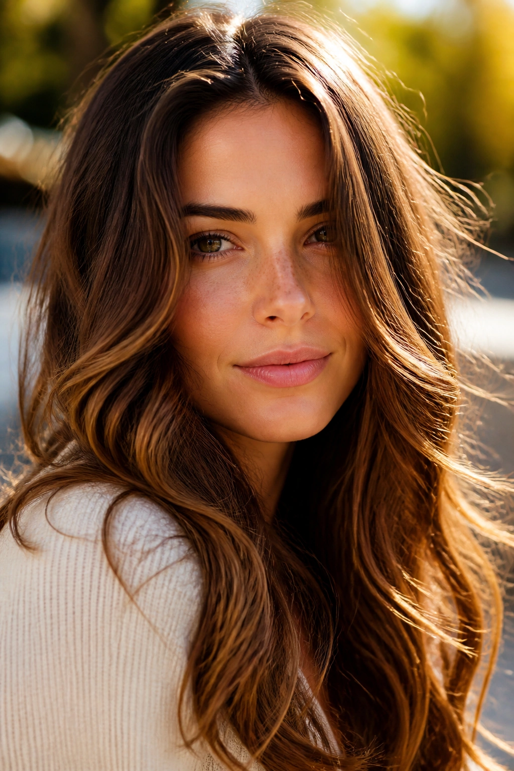 Close-up of chestnut brown hair with golden caramel highlights