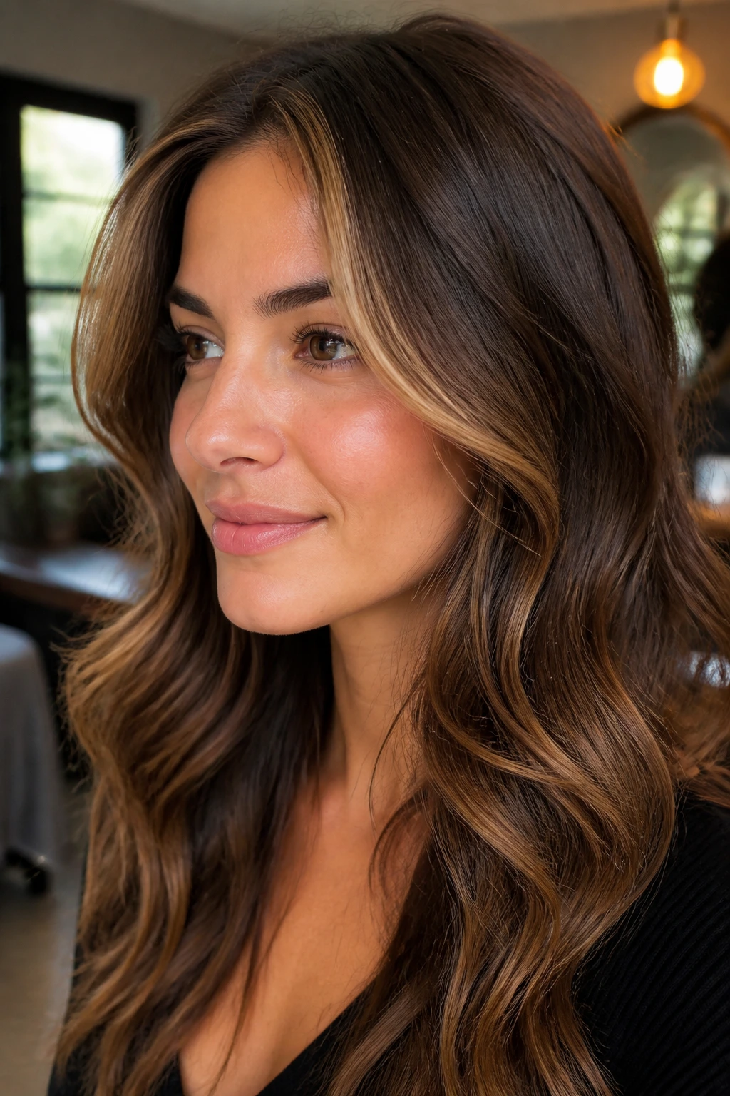 Close-up portrait of a real woman with golden caramel contour around the cheekbones and temples
