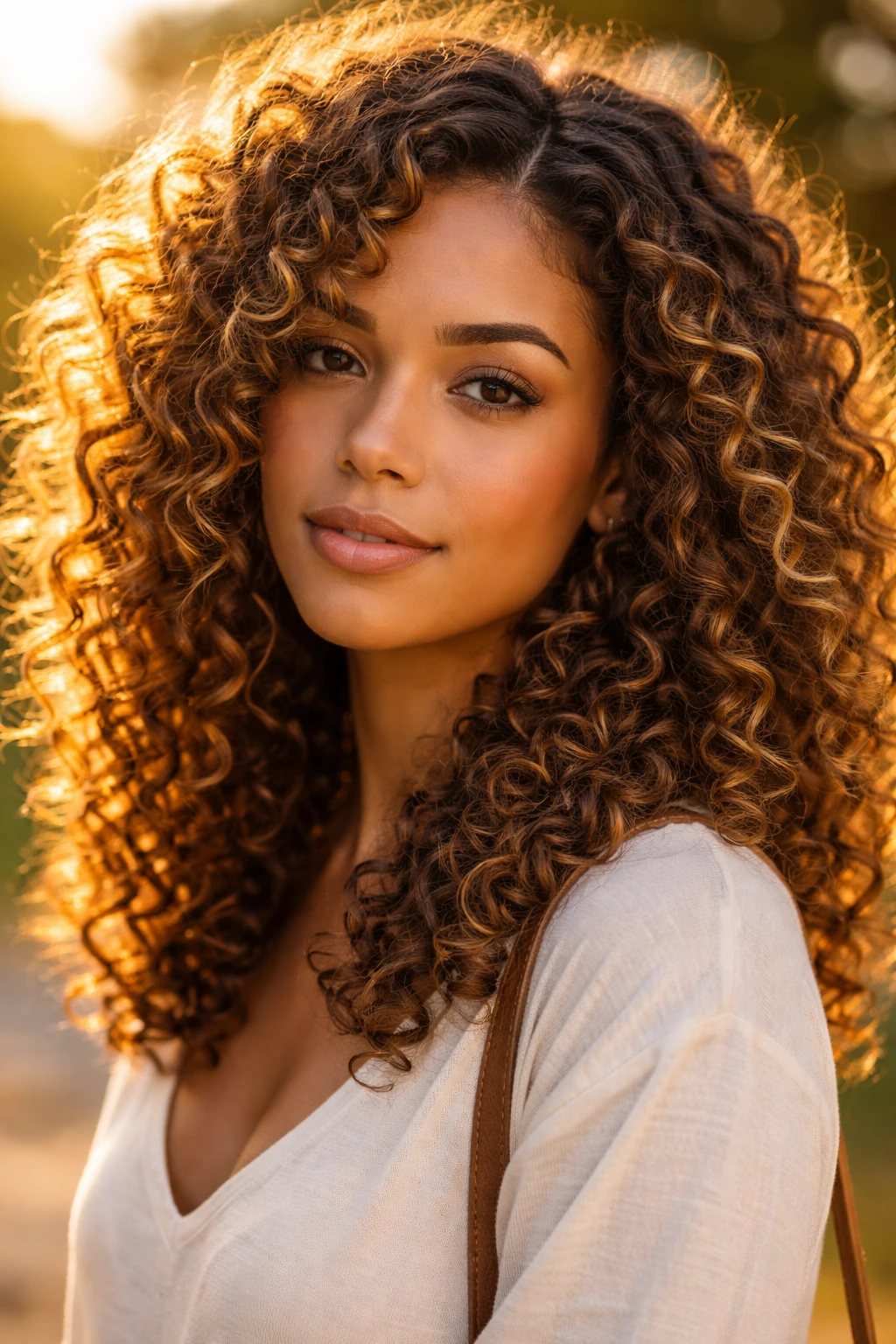 Close-up real woman with golden caramel highlights on curls outdoors