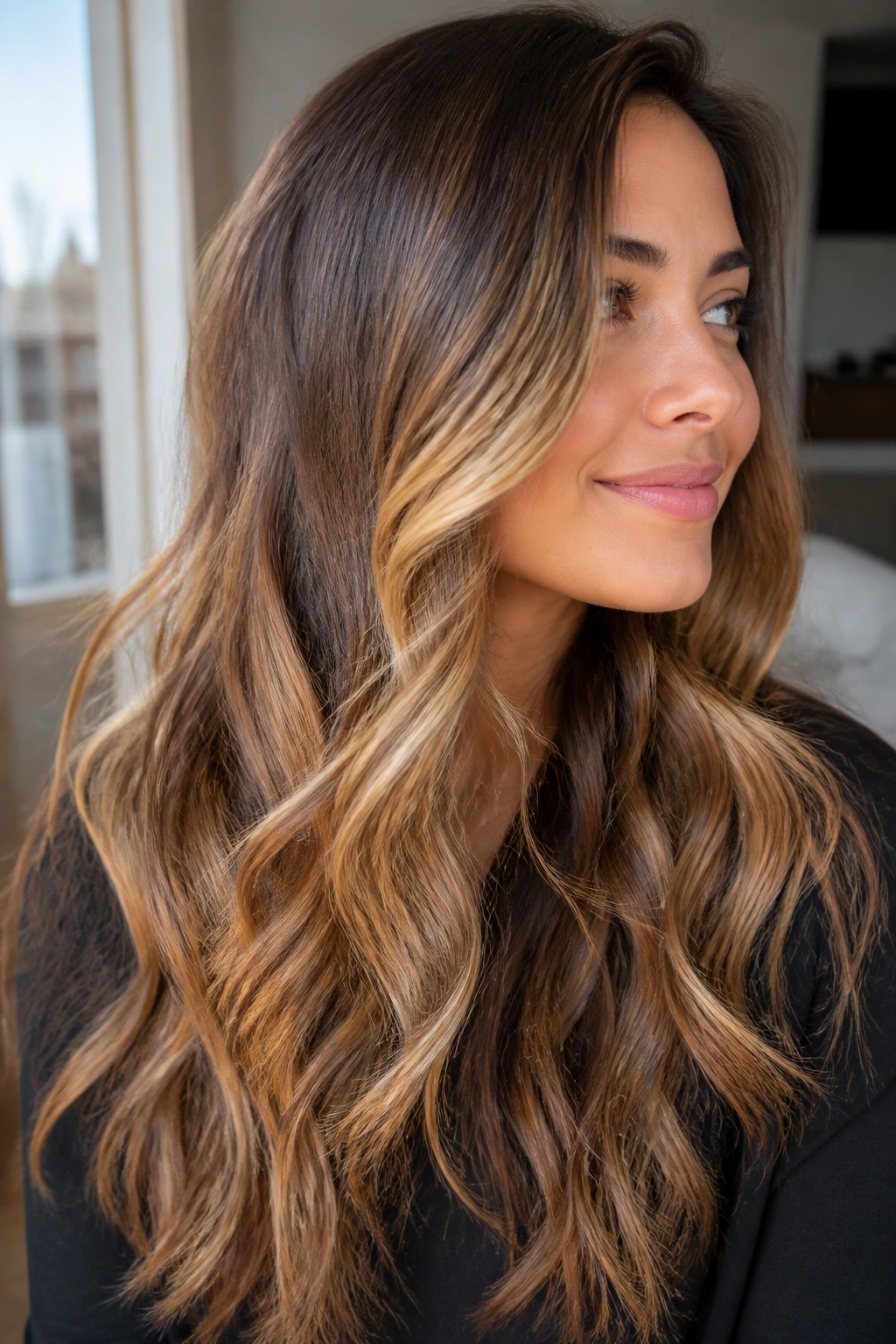 Close-up of medium brown hair with golden caramel highlights